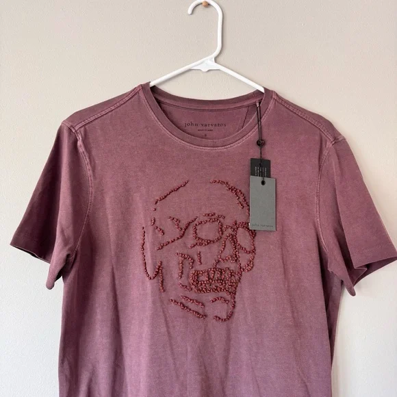 John Varvatos Beaded Skull Graphic T-Shirt Mauvewood Cotton Crewneck Sz S - Picture 4 of 12
